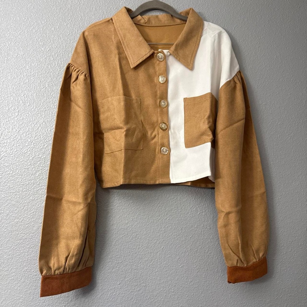 Women's Button Down Shirt Long Sleeve Colorblock Casual Collared Crop Top Blouse